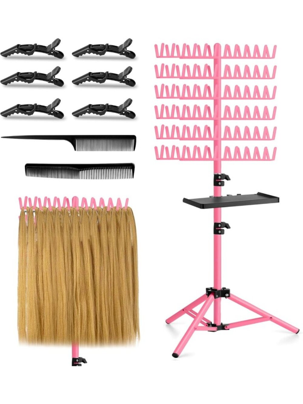 Adjustable Braiding Hair Rack with Tray, 144 Pegs, 2-Sided Hair Extension Holder